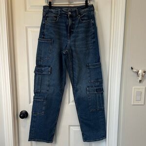 American Eagle Outfitters Dark Indigo Straight Leg Cargo stretch Jeans size 8